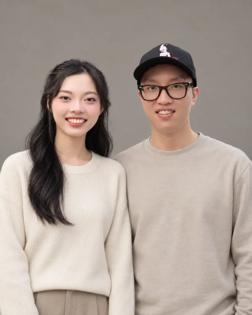 Gemini Couple Photo Prompts example of a couple standing side by side against a warm-gray background in simple neutral clothing