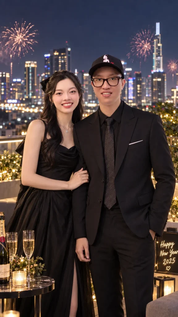 Gemini Couple Photo Prompts example of a couple standing together on a rooftop with city lights and fireworks behind them on New Year’s Eve
