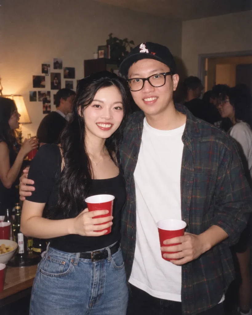 Gemini Couple Photo Prompts example of a couple standing together at a modest indoor party in a direct-flash nineties-style snapshot