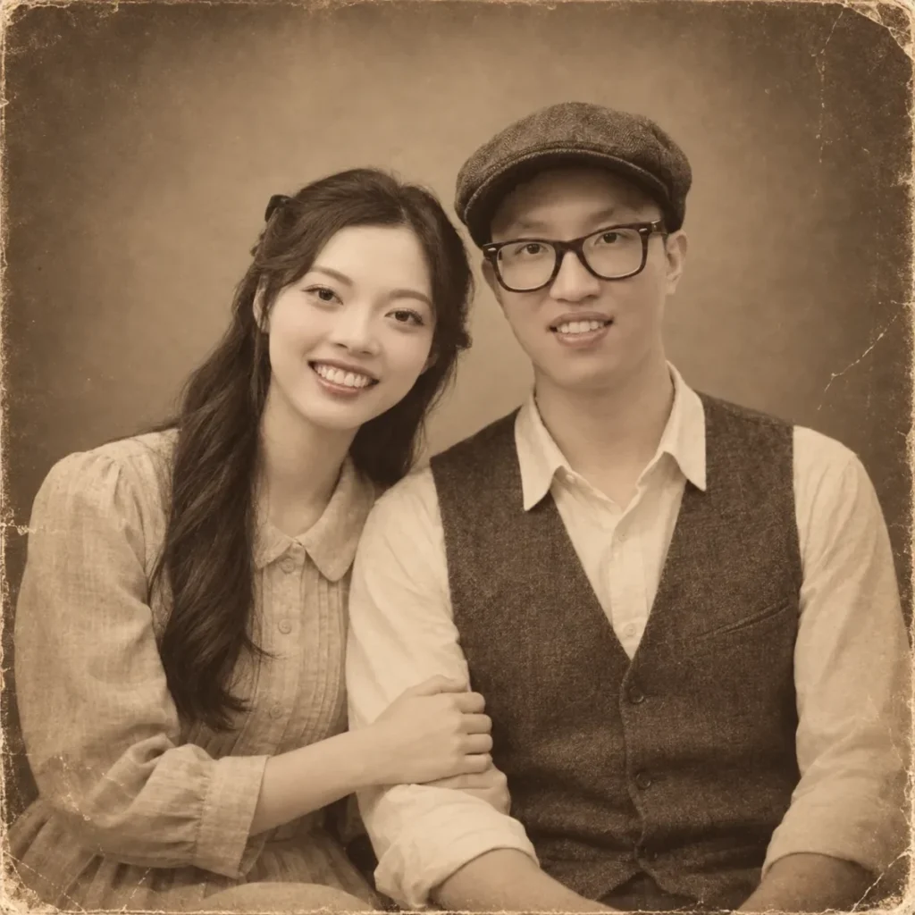 Gemini Couple Photo Prompts example of a couple in a sepia studio portrait wearing period-neutral vintage clothing