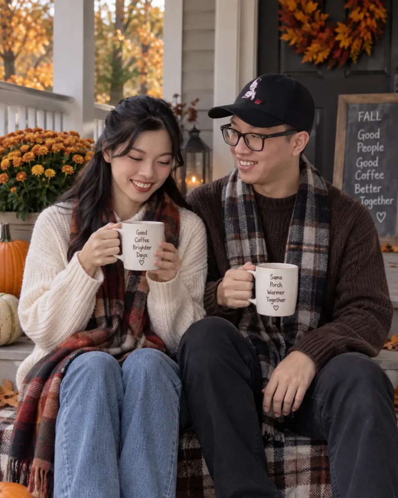 Gemini Couple Photo Prompts example of a couple sitting side by side on an autumn porch with warm mugs and cozy knit layers