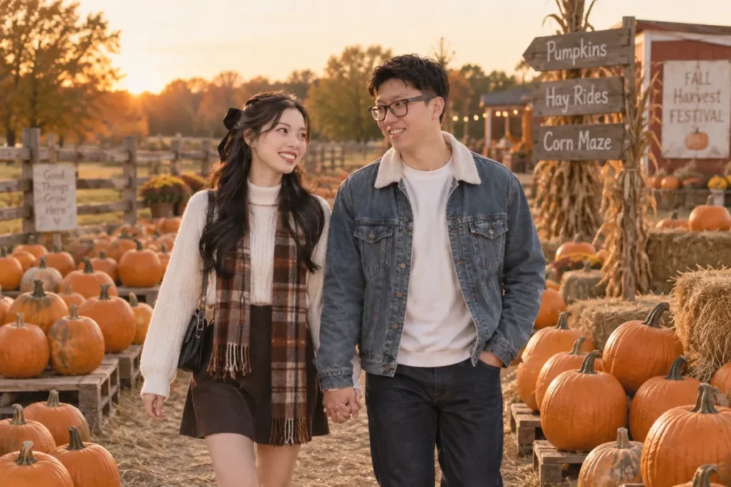 Gemini Couple Photo Prompts example of a couple walking between rows of pumpkins in late afternoon light wearing denim and knit layers