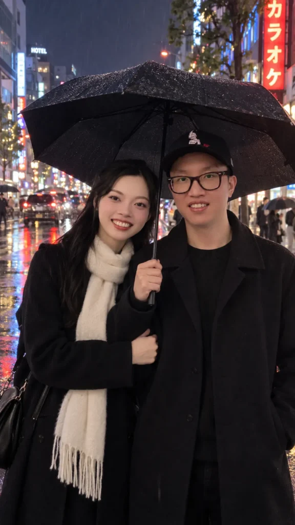 Gemini couple photo prompt showing a couple sharing a dark umbrella on a rain-wet neon city street at night.