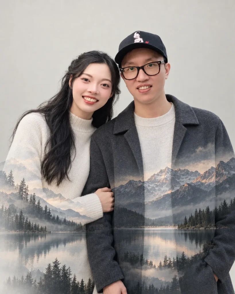 Gemini Couple Photo Prompts example of a waist-up double exposure portrait with mountain and lake scenery blended into the couple