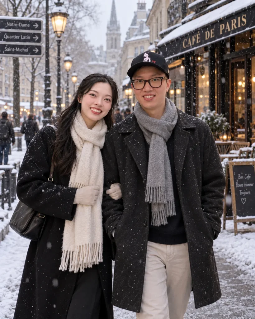 Gemini Couple Photo Prompts example of a couple walking side by side on a snowy city street in neutral coats and scarves