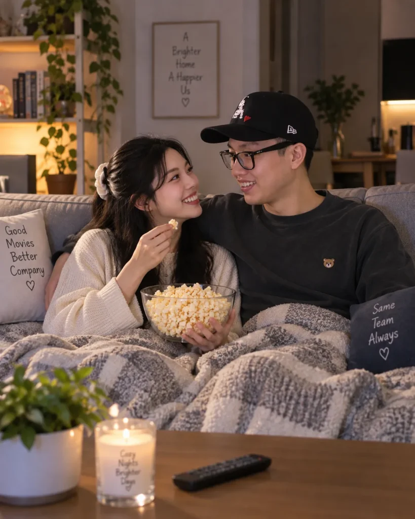 Gemini couple photo prompt showing a couple seated close together on a sofa under a blanket with a bowl of popcorn.