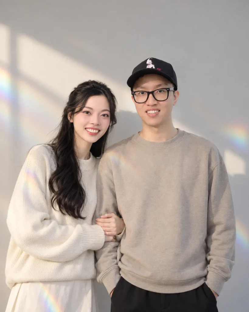 Gemini Couple Photo Prompts example of a couple posing waist-up against a neutral studio wall with soft prism light and neutral outfits