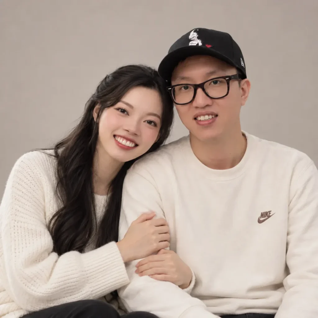 Gemini couple photo prompt showing a couple in a soft studio embrace with shoulders touching in a waist-up portrait.
