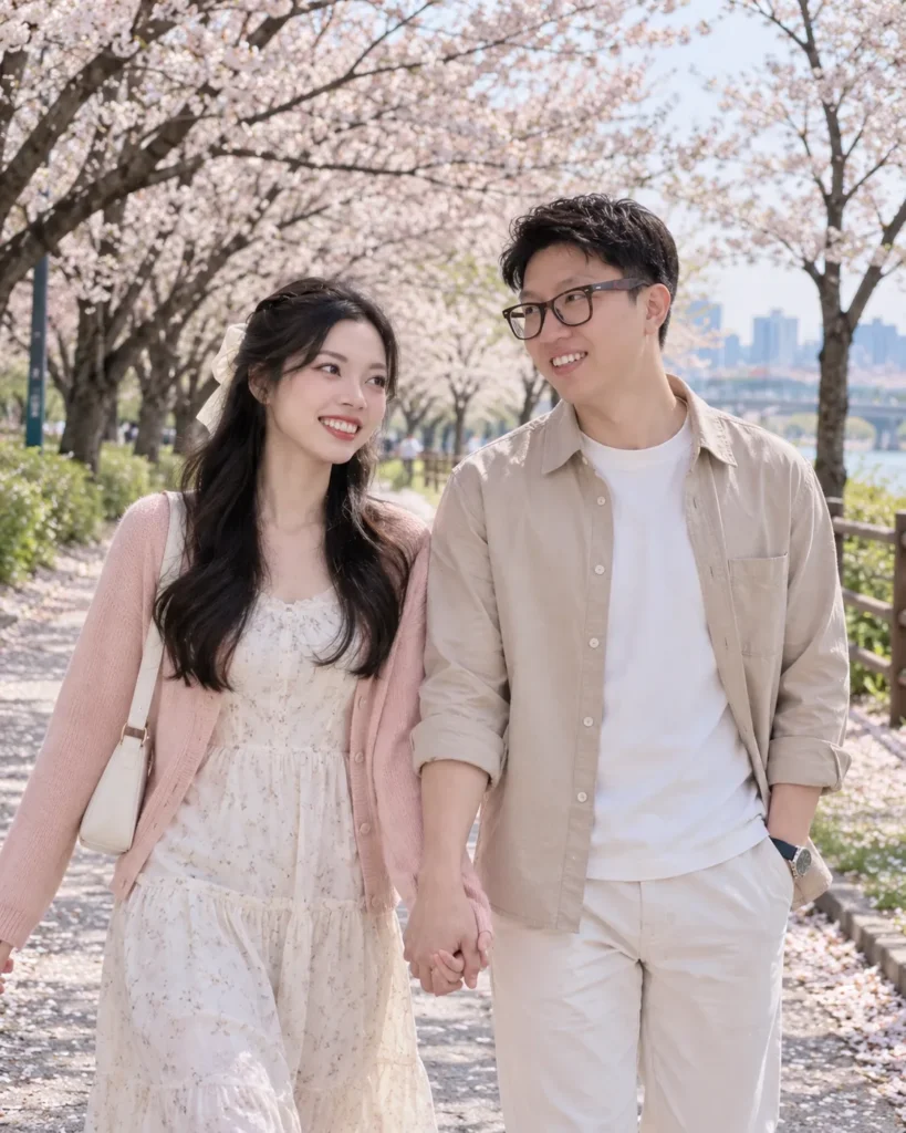 Gemini Couple Photo Prompts example of a couple walking under pale spring blossoms in pastel-neutral clothing