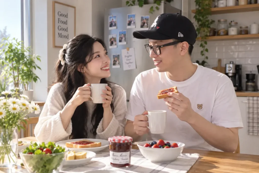 Gemini couple photo prompt showing a couple sharing coffee and toast at a small kitchen table on a bright morning.