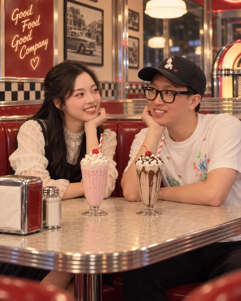 Gemini Couple Photo Prompts example of a couple seated opposite each other in a vintage diner booth with milkshake glasses between them