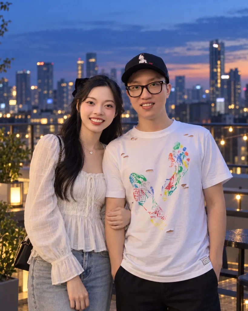 Gemini couple photo prompts showing a couple standing close together on a rooftop at blue hour with a softly lit city skyline.