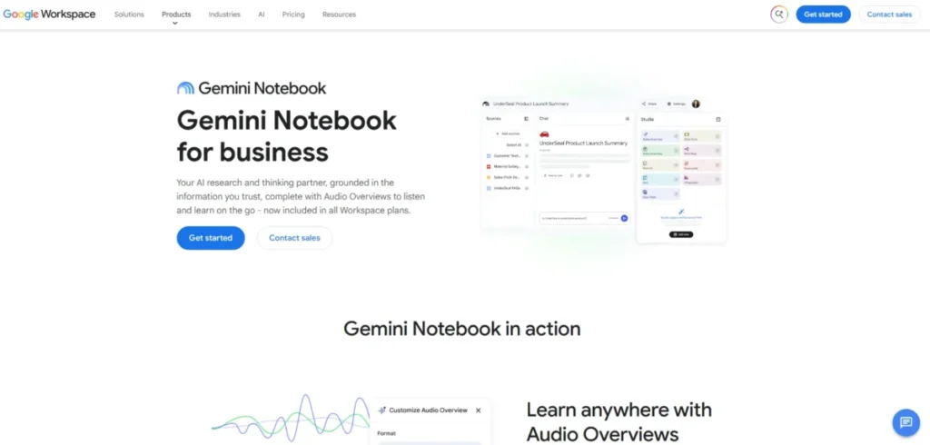 Gemini Notebook for business page in Google Workspace showing sources, chat, and Studio