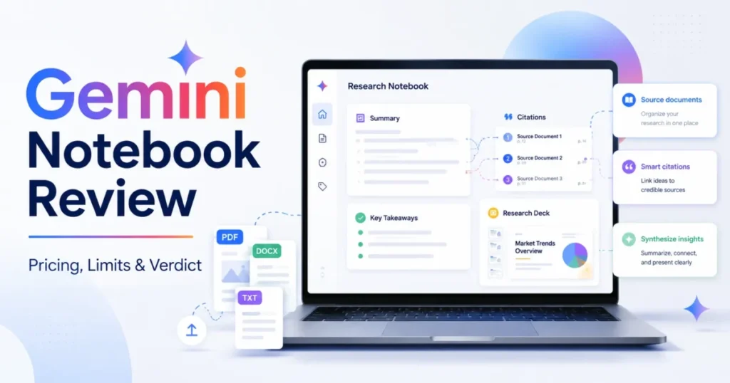 Gemini Notebook review showing research sources, citations, pricing, limits, and verdict