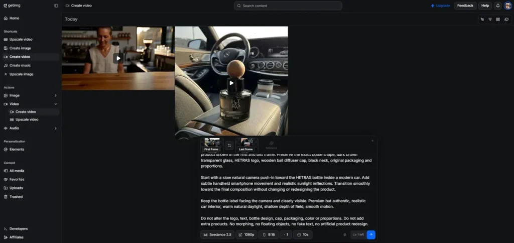 Getimg.ai Create Video interface generating a HETRAS car diffuser product video from first and last frame images