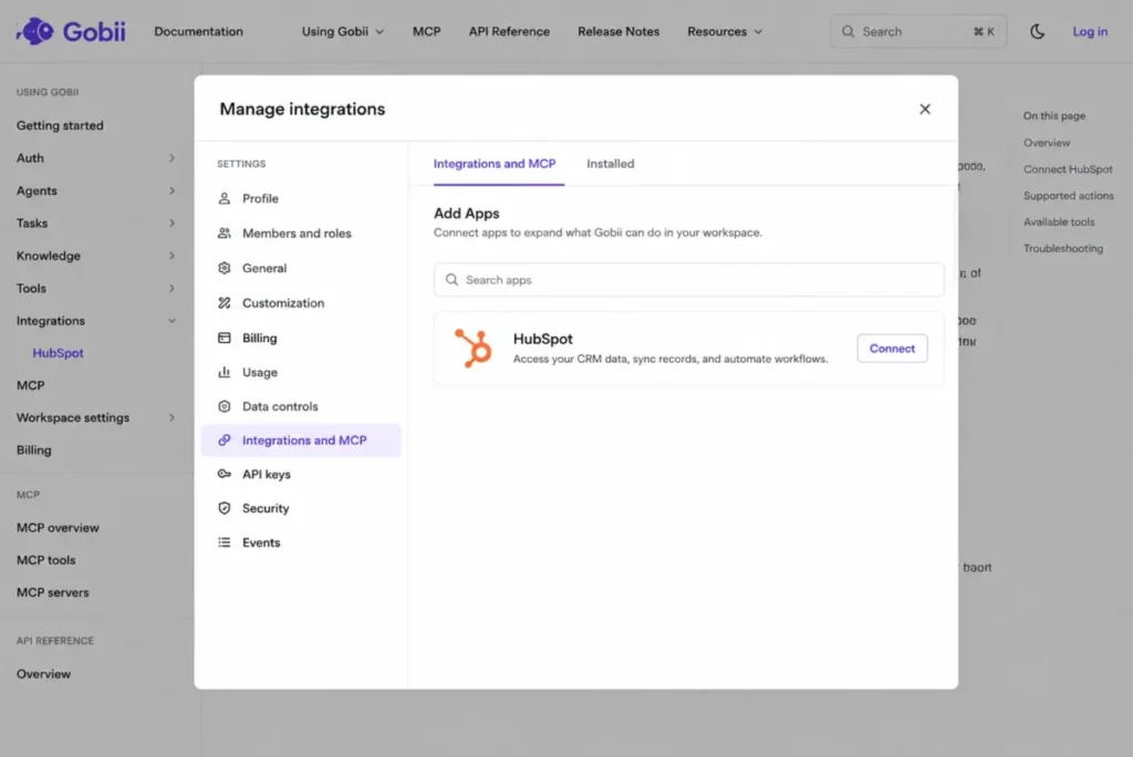 Gobii Manage integrations modal showing Integrations and MCP selected, HubSpot listed under Add Apps, and a Connect button.