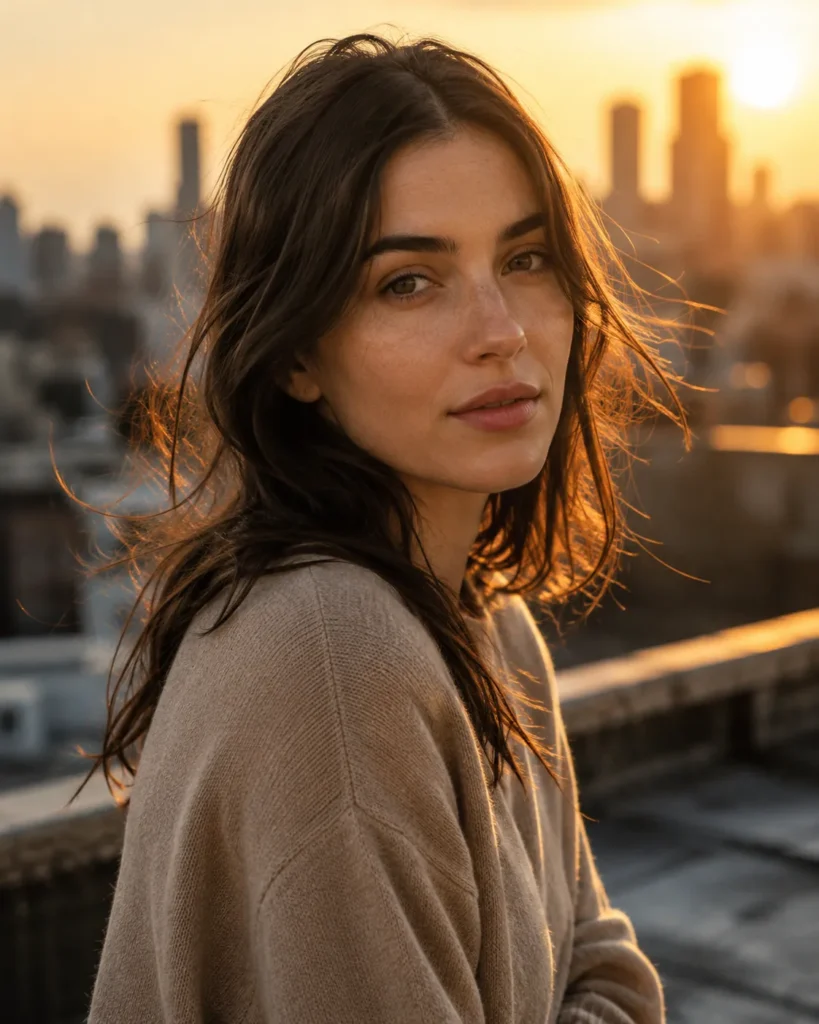 Golden-hour rooftop portrait of a woman with warm rim light, soft city bokeh, and a cinematic shallow-depth-of-field look.