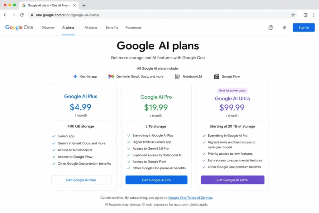 Google AI plans page showing Google AI Plus, Google AI Pro, and Google AI Ultra pricing tiers.