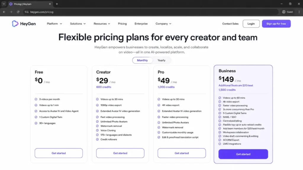HeyGen pricing page showing Free, Creator, Pro, and Business plans with monthly credit counts and the Business additional seat cost note.