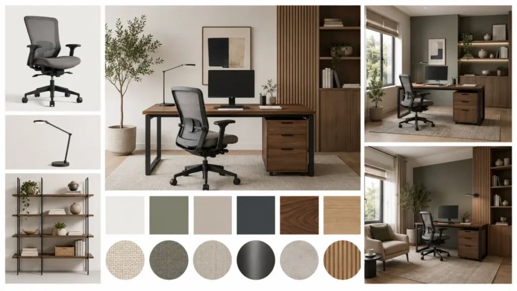 Modern home office moodboard with a walnut desk, ergonomic chair, task lamp, shelving, material swatches, color samples, and two finished room concepts.