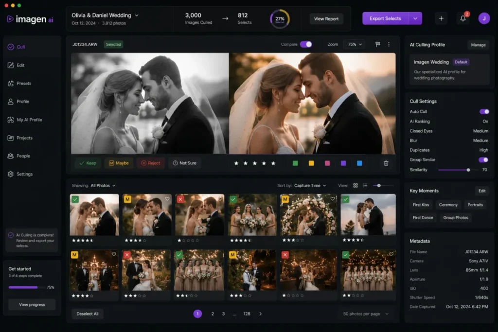 Imagen AI dark photo review interface showing wedding thumbnails with culling labels star ratings and AI culling profile