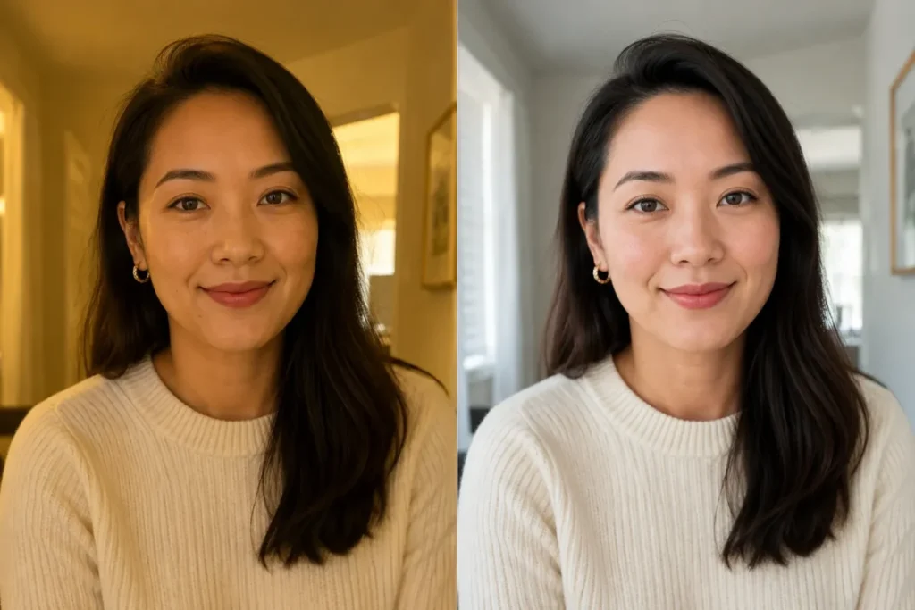 Before-and-after portrait showing warm indoor color cast corrected to soft natural daylight while preserving the woman's face, pose, clothing, and skin texture.