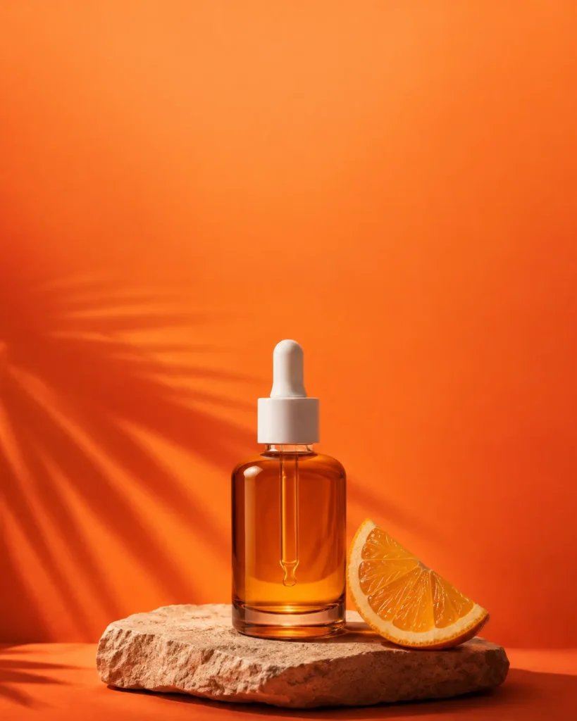 Premium Instagram product launch image featuring an amber serum bottle and orange slice on a stone pedestal against a bold orange background.