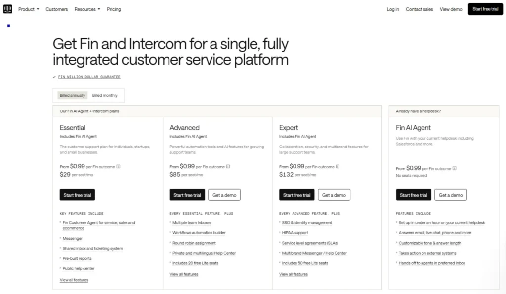 Intercom pricing page showing Essential, Advanced, Expert, and Fin AI Agent plans with Fin outcome pricing.