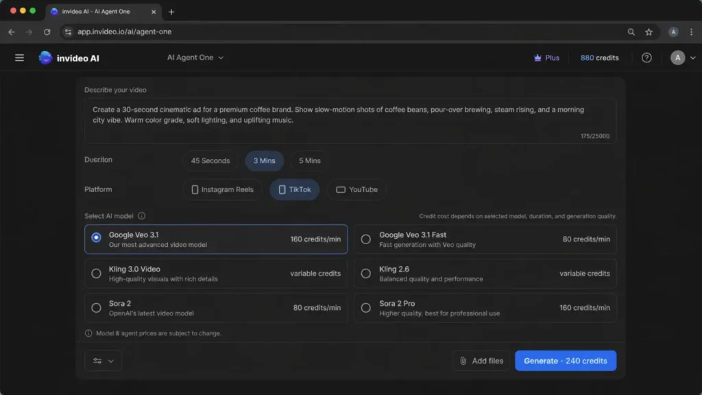invideo AI model selection screen showing Google Veo, Kling, and Sora video models with variable credit costs.