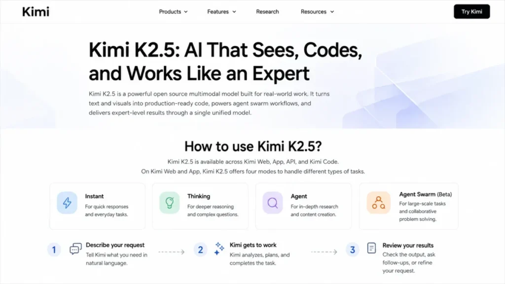 Kimi K2.5 product page showing Web, App, API, and Kimi Code access with Instant, Thinking, Agent, and Agent Swarm modes.