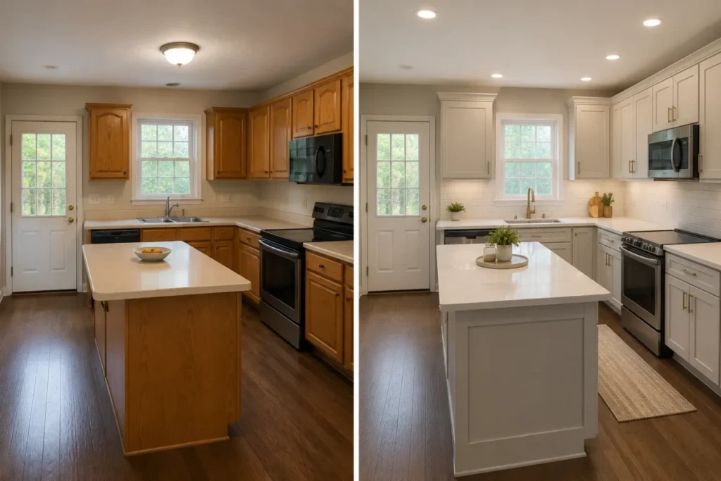 Before-and-after kitchen renovation concept showing the same room layout, doors, window, appliances, and viewpoint with updated cabinetry, counters, backsplash, and lighting.