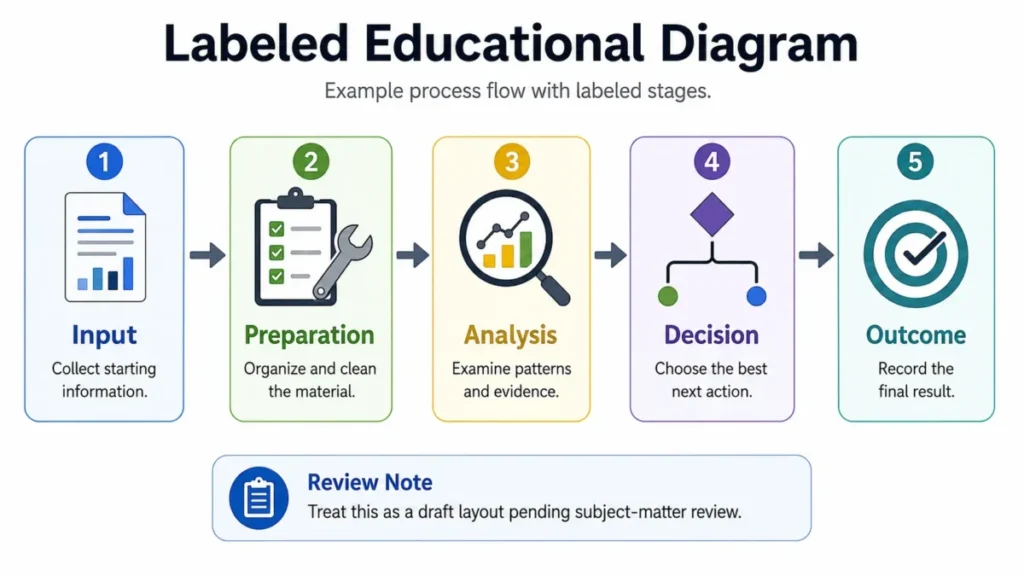 Five-stage educational process diagram showing Input, Preparation, Analysis, Decision, and Outcome connected by arrows.