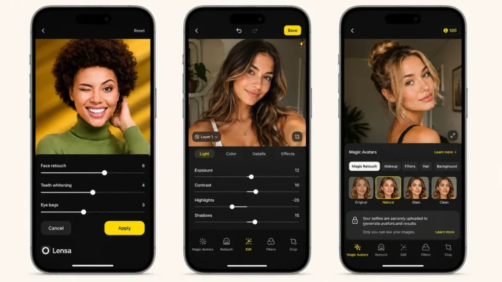 Lensa mobile app screens showing selfie retouch controls Magic Avatars portrait styles and privacy notice