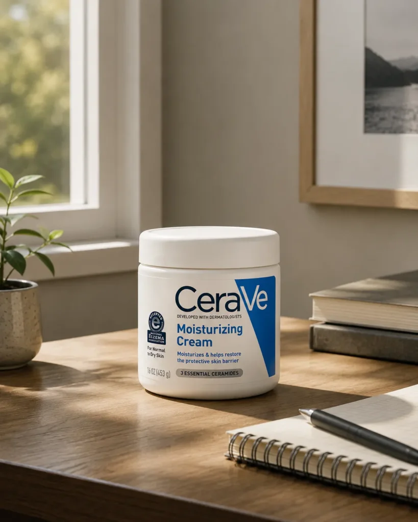 Moisturizing cream jar placed on a sunlit wooden desk beside a notebook, pen, books, and plant in a warm minimalist workspace.