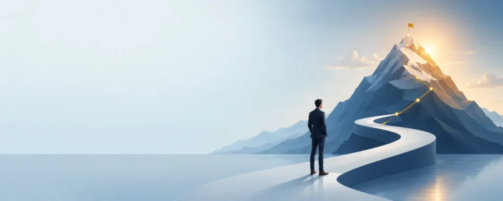 Wide LinkedIn banner showing a business professional facing a mountain summit, with a winding path and milestone markers symbolizing strategic growth.
