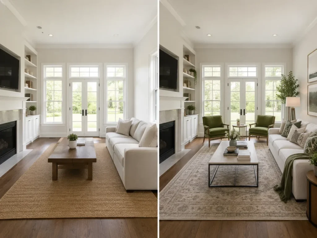 Before-and-after living room restyle showing the same walls, windows, fireplace, doors, and camera angle, with updated furniture, textiles, lighting, and decor.
