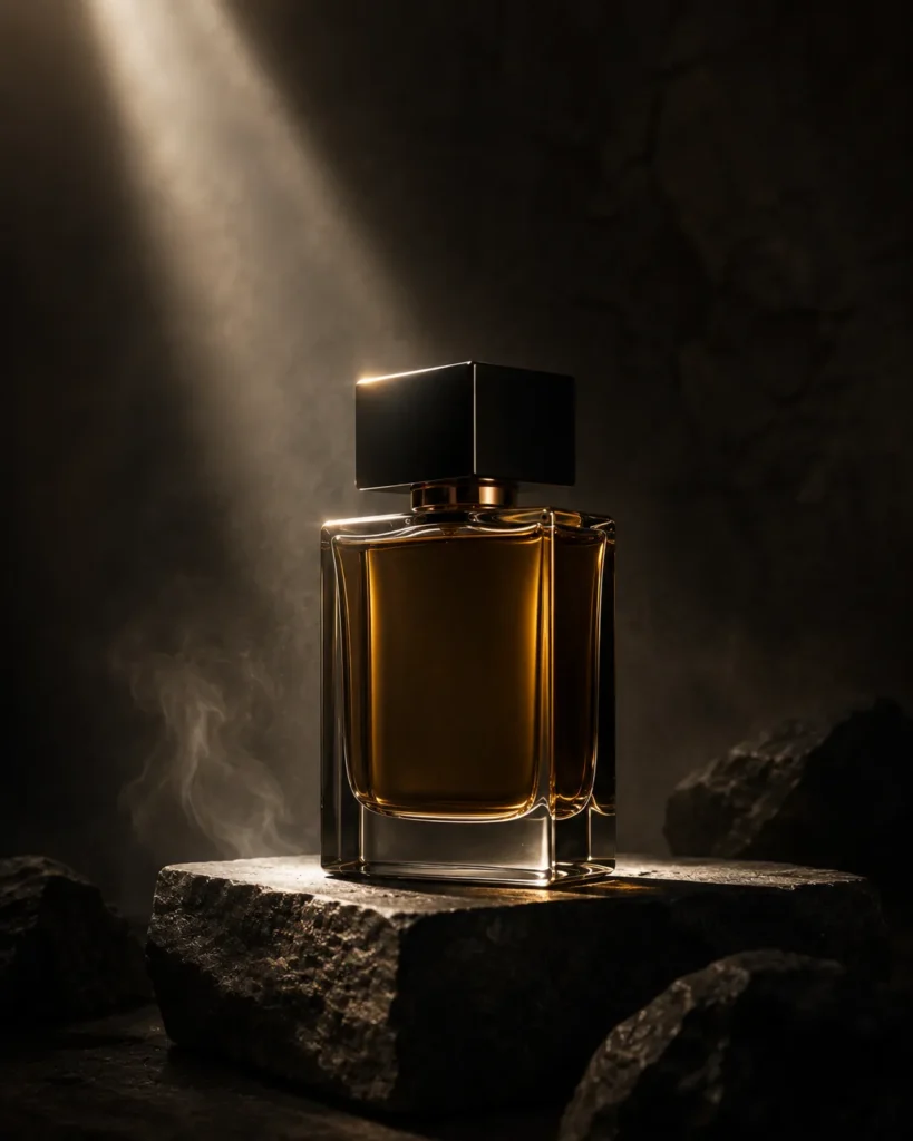 Luxury amber perfume bottle on a dark stone pedestal under a narrow spotlight with atmospheric haze and dramatic reflections.