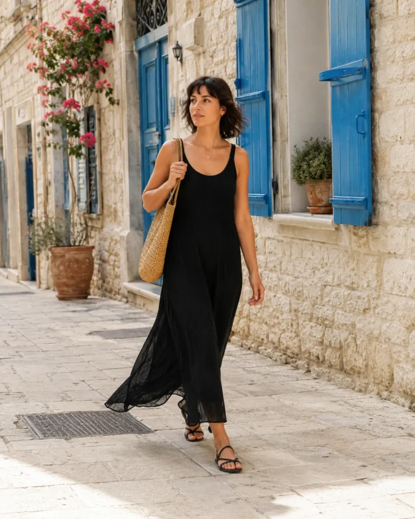 Woman in a flowing black dress walking along a sunlit Mediterranean street with pale stone walls and blue shutters.
