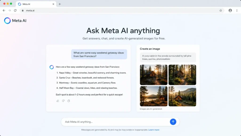 Meta AI home screen showing free chat and AI image generation features.