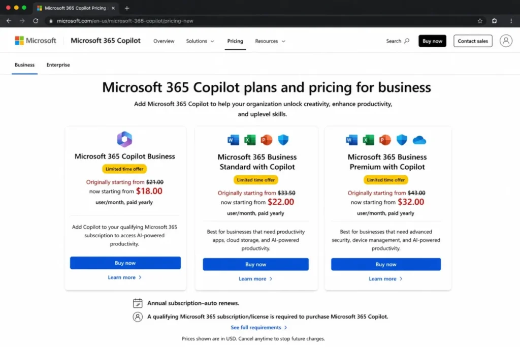 Microsoft 365 Copilot business pricing page showing Copilot Business, Business Standard with Copilot, and Business Premium with Copilot plans.