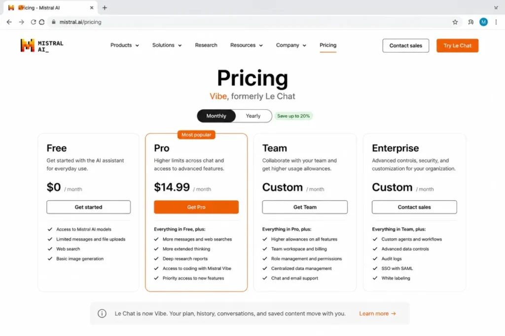 Mistral pricing page showing Free, Pro, Team, and Enterprise tiers for Vibe, formerly Le Chat.