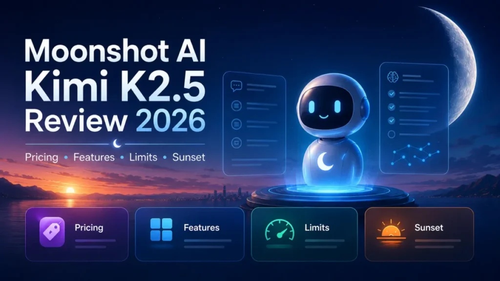 Moonshot AI Kimi K2.5 Review 2026 featured image highlighting pricing, features, limits, and sunset