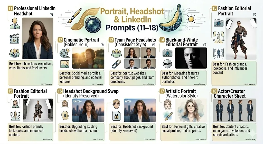 Portrait, Headshot & LinkedIn Prompts (11–18)