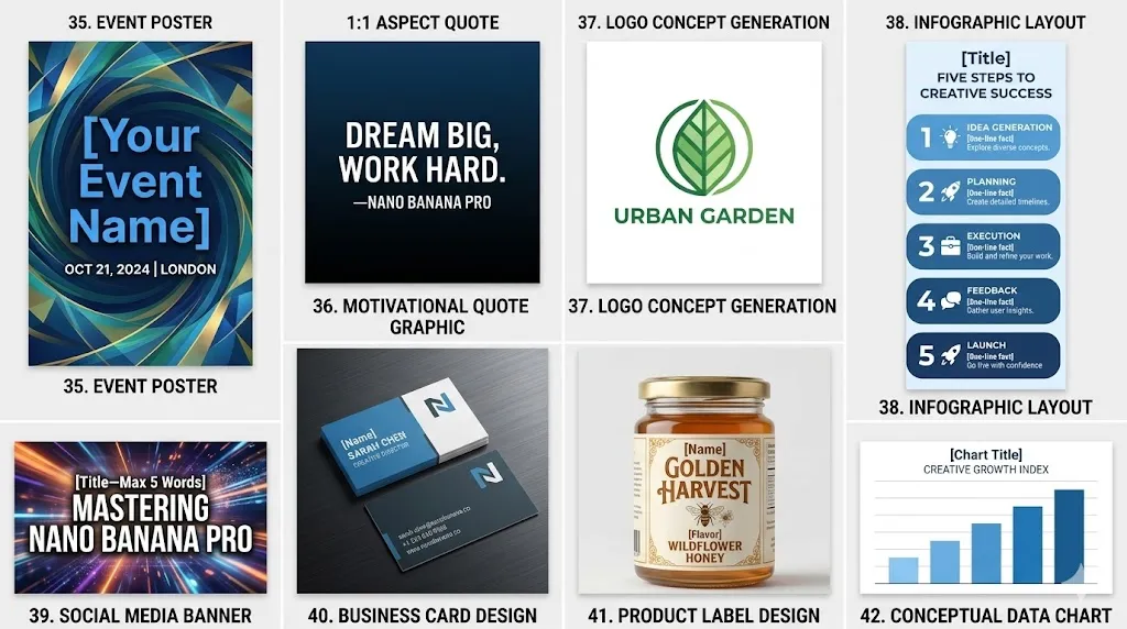 Text Rendering, Logo & Infographic Prompts (35–42)