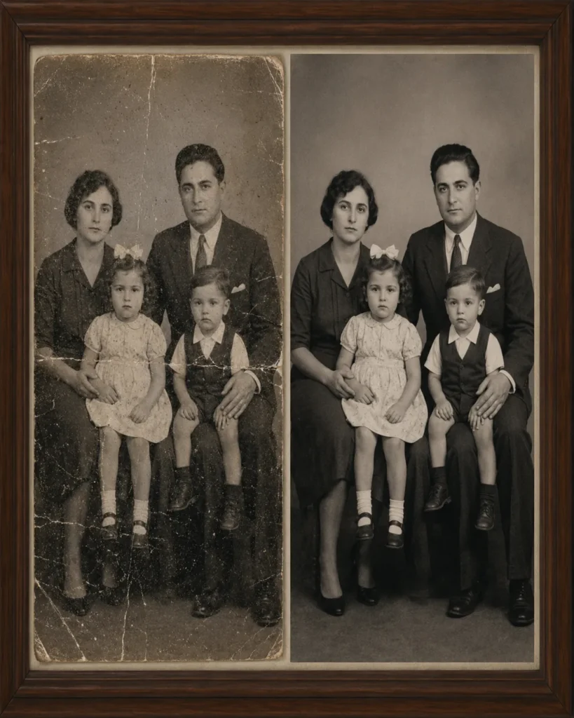Before-and-after family portrait showing an old damaged photograph with scratches and fold marks beside a cleaned black-and-white restoration.