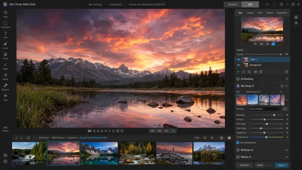 ON1 Photo RAW Edit module showing Sky Swap AI applied to a landscape photo with NoNoise AI and Resize AI panels