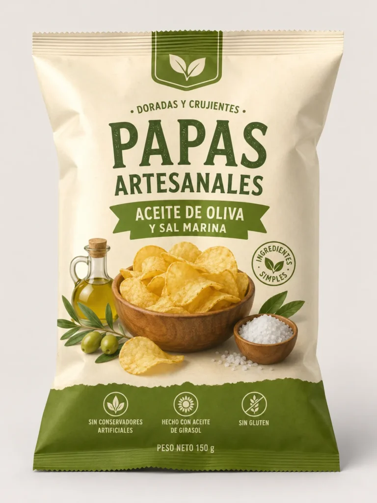 Front-facing Spanish-language potato chip package mockup with cream-and-green design, olive oil and sea salt imagery, product claims, and a 150-gram net weight label.