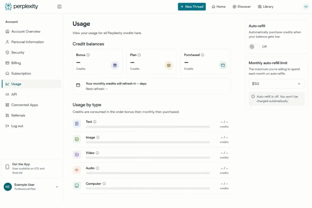 Perplexity account Usage page showing Bonus, Plan, and Purchased credit balances, usage by type, and Auto-refill turned off.
