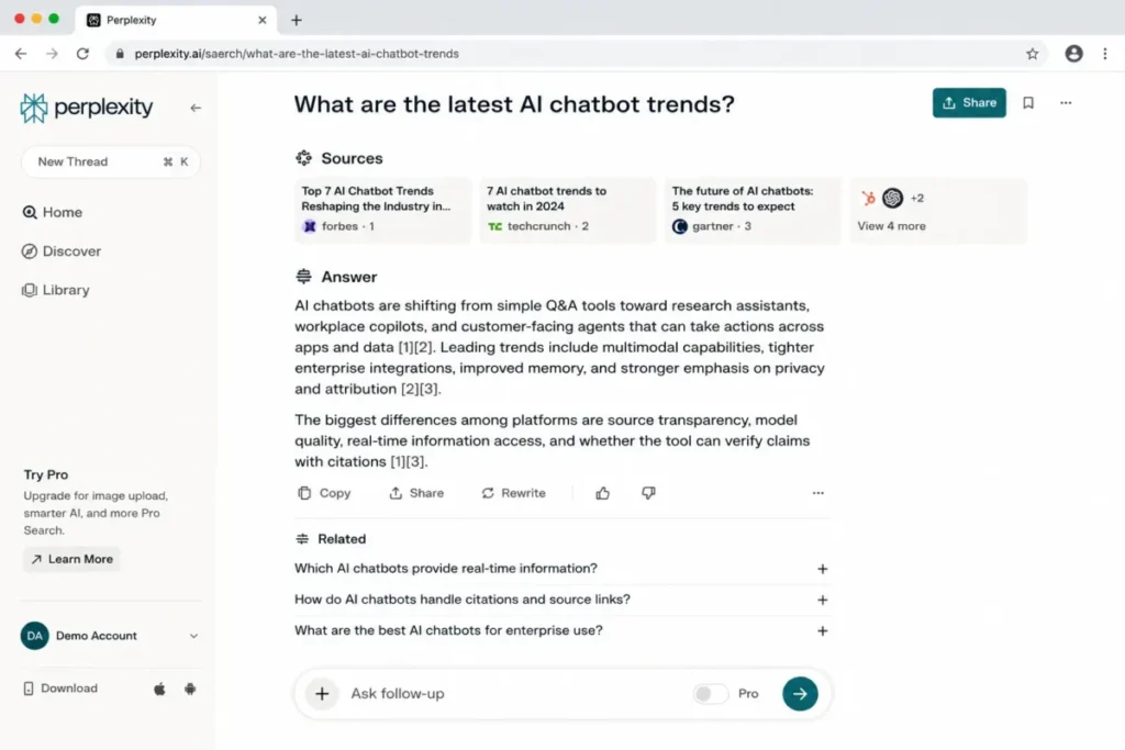 Perplexity answer screen showing inline citations and source cards under an AI-generated response.