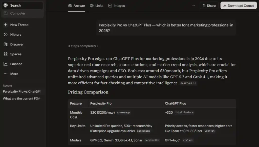 Prompt: Perplexity Pro vs ChatGPT Plus — which is better for a marketing professional in 2026?